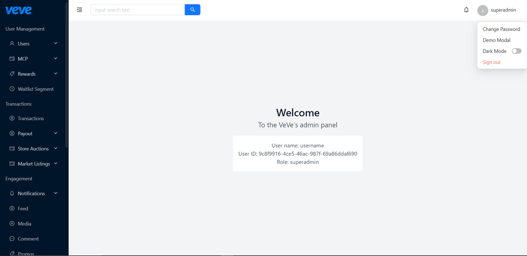 VEVE admin panel landing page