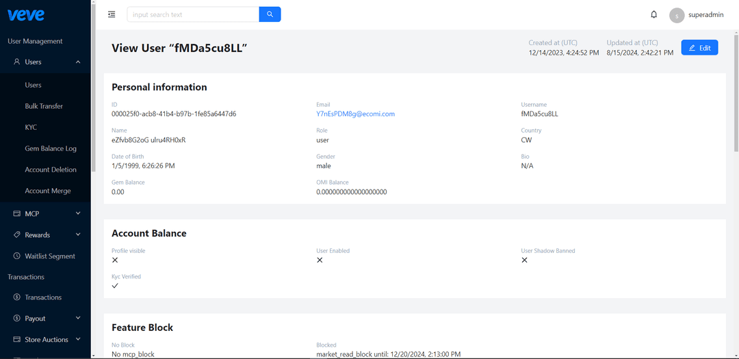 VEVE admin panel details view page