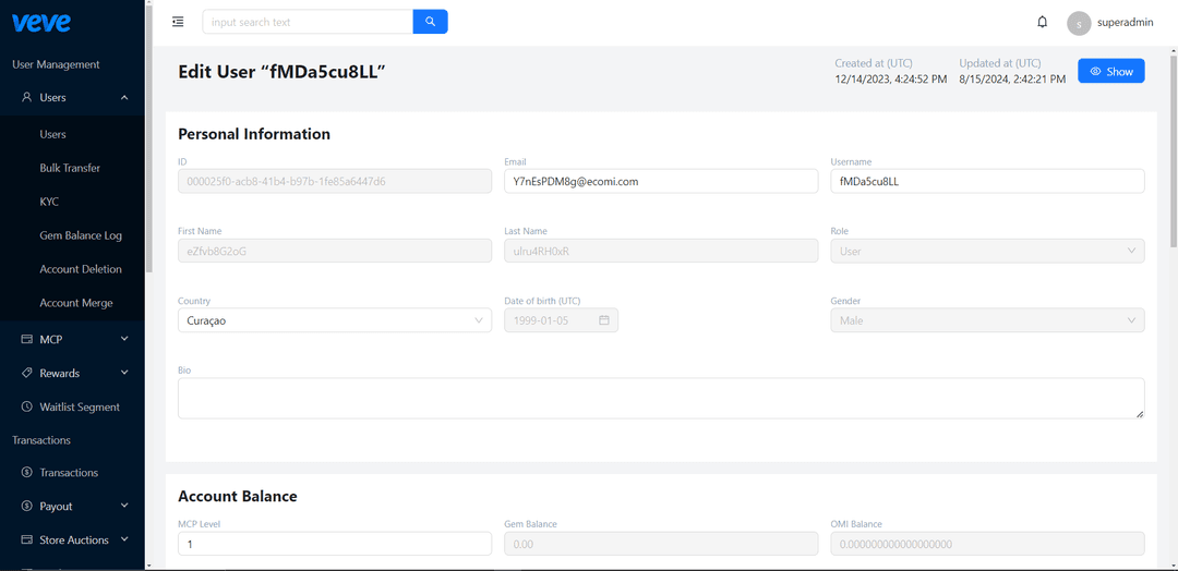 VEVE admin panel details edit page